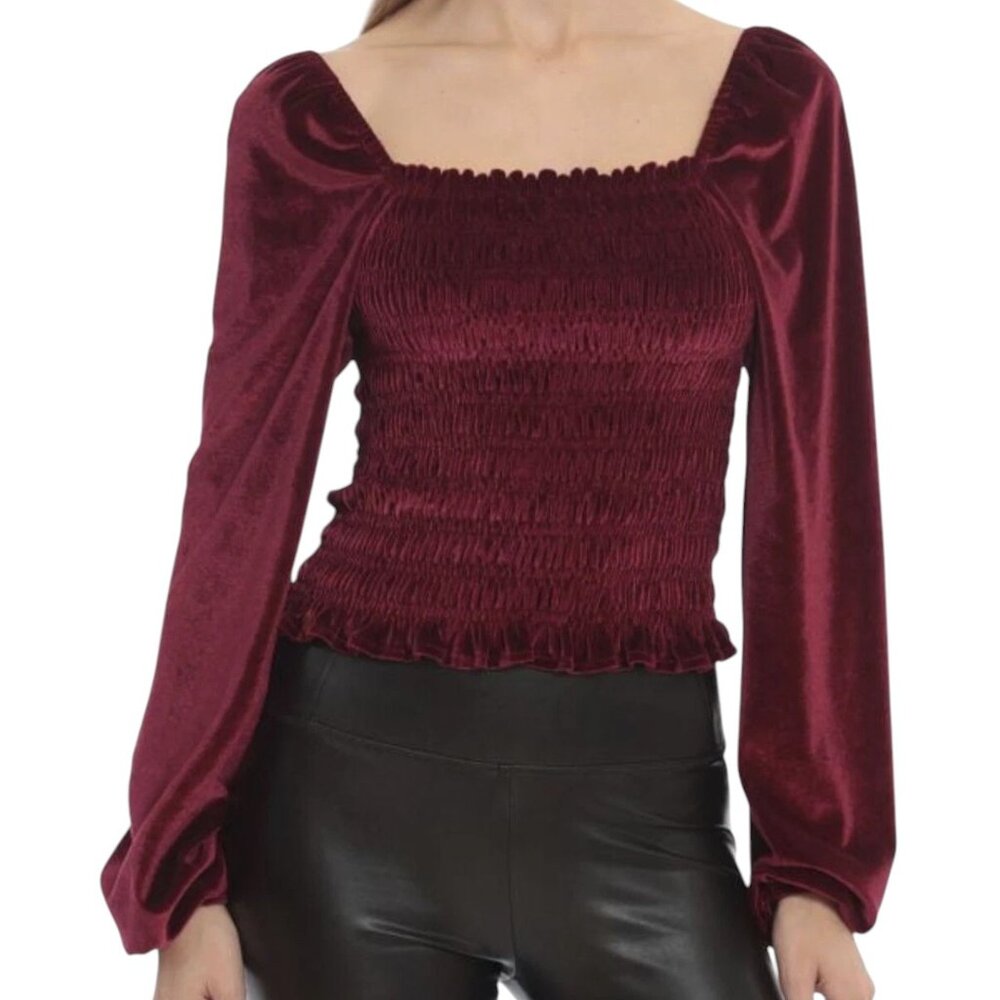 Bagatelle Collection Wine Red Velvet Prairie Smocked Blouse NWT